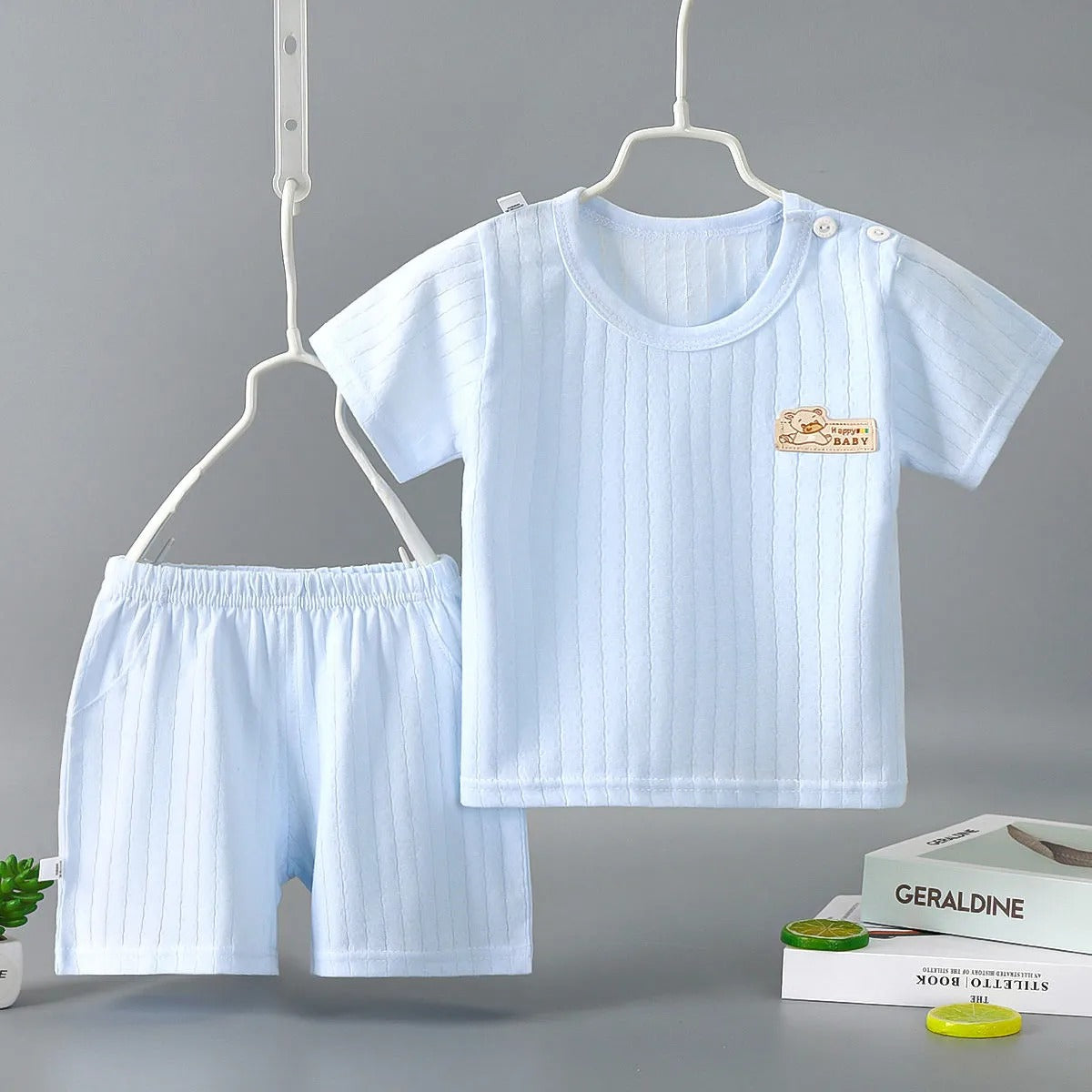 Baby Pure Cotton Summer Set – Soft Ribbed Short Sleeve T-Shirt & Shorts (Unisex)