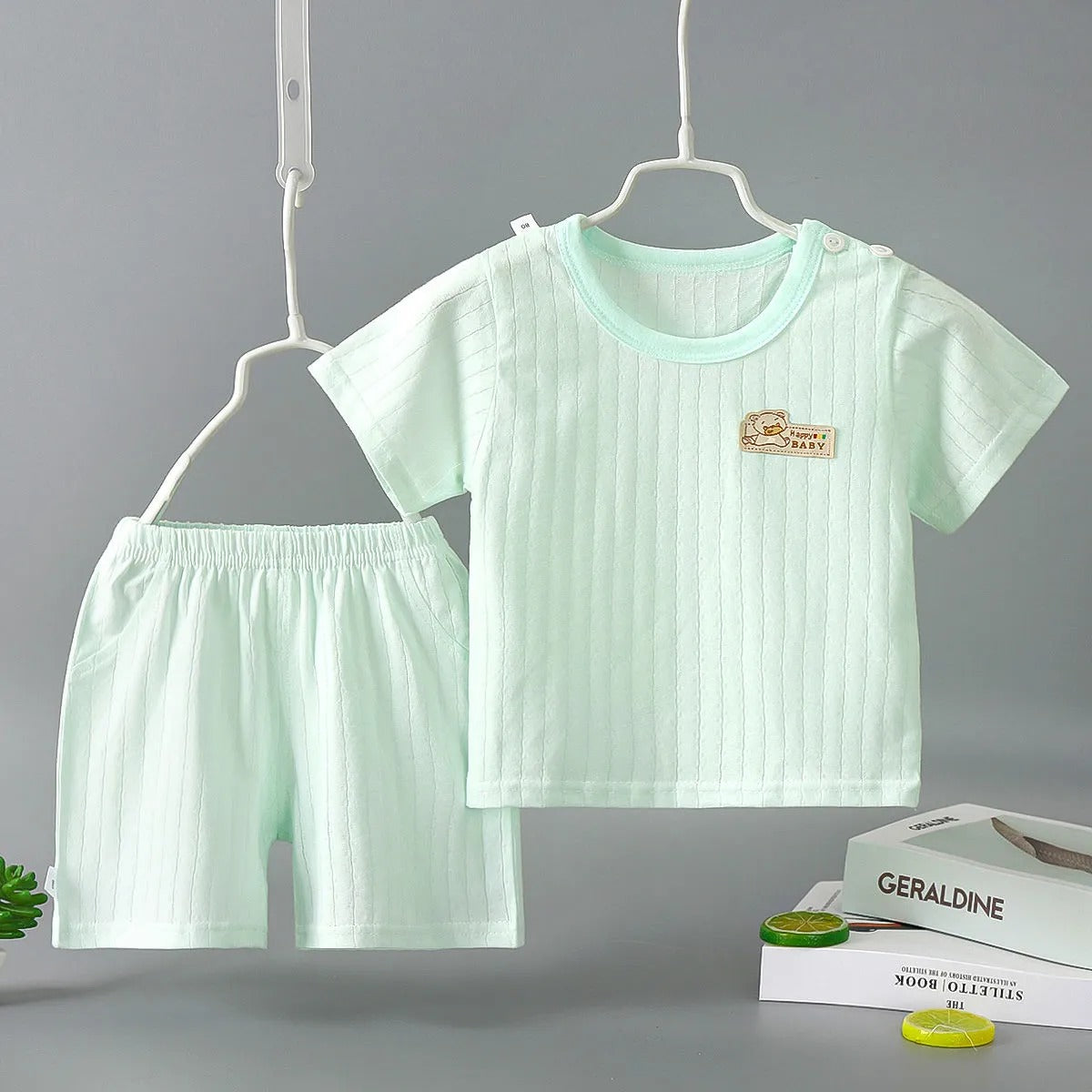 Baby Pure Cotton Summer Set – Soft Ribbed Short Sleeve T-Shirt & Shorts (Unisex)