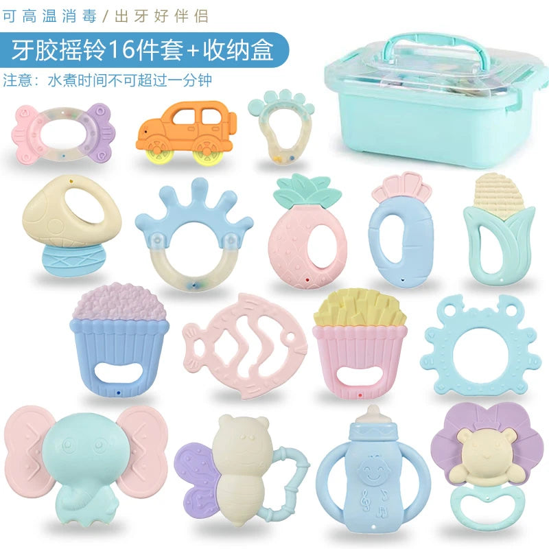 Set of colorful baby teething toys with a storage box on a white background