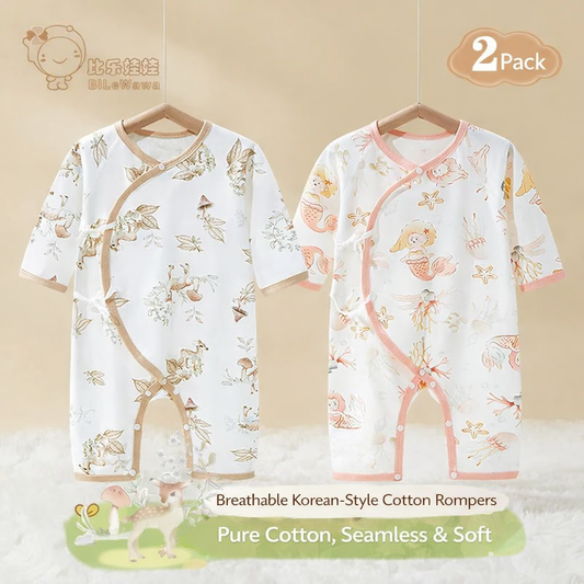 Two long-sleeve baby rompers in white with colorful animal and floral prints, made from 100% pure cotton.