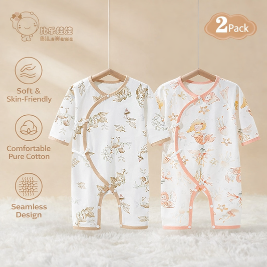 Two-piece baby romper set in white and peach, featuring floral patterns and long sleeves, made from 100% pure cotton.