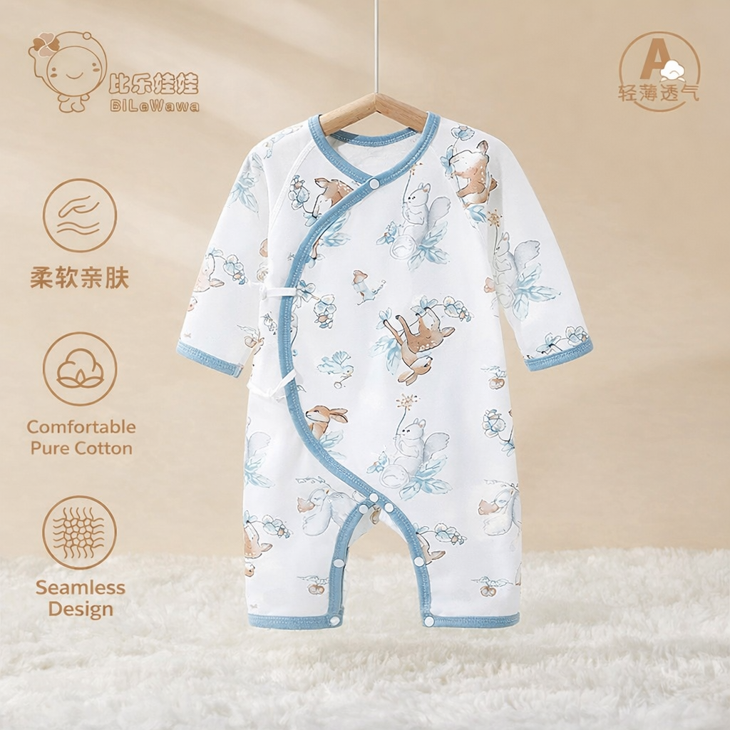100% pure cotton baby romper set with long sleeves, featuring a white base and animal print design in soft colors.