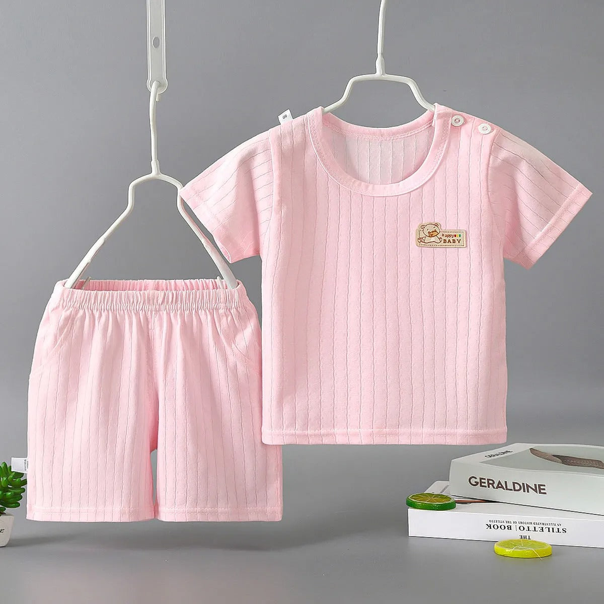 Baby Pure Cotton Summer Set – Soft Ribbed Short Sleeve T-Shirt & Shorts (Unisex)