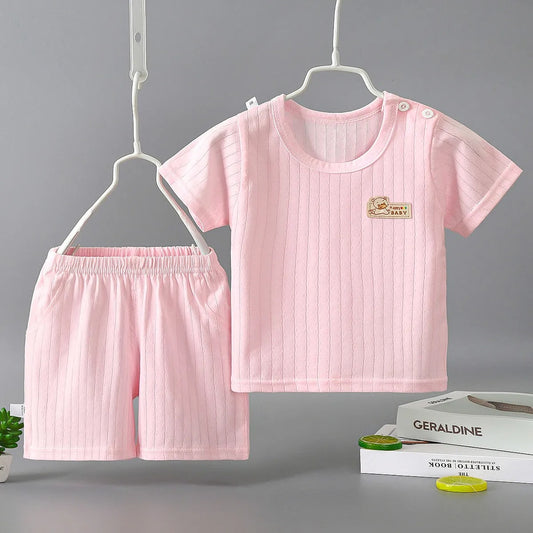 Baby Pure Cotton Summer Set – Soft Ribbed Short Sleeve T-Shirt & Shorts (Unisex)