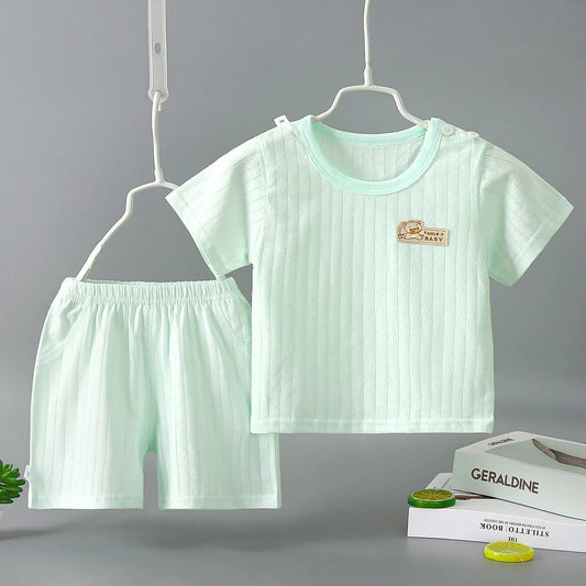 Baby Pure Cotton Summer Set – Soft Ribbed Short Sleeve T-Shirt & Shorts (Unisex)