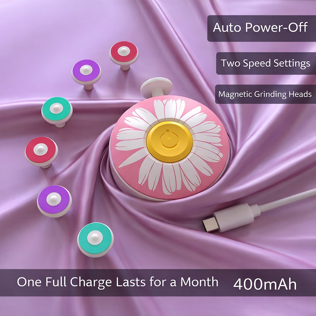 Pink and yellow device with daisy design on a purple fabric background, featuring text about its features.