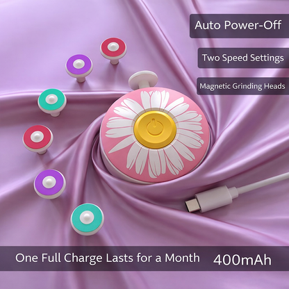 Pink and yellow device with daisy design on a purple fabric background, featuring text about its features.