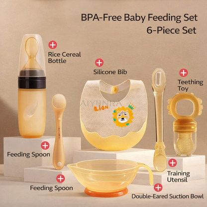 BPA-Free Baby Feeding Set with 6 pieces on a beige background
