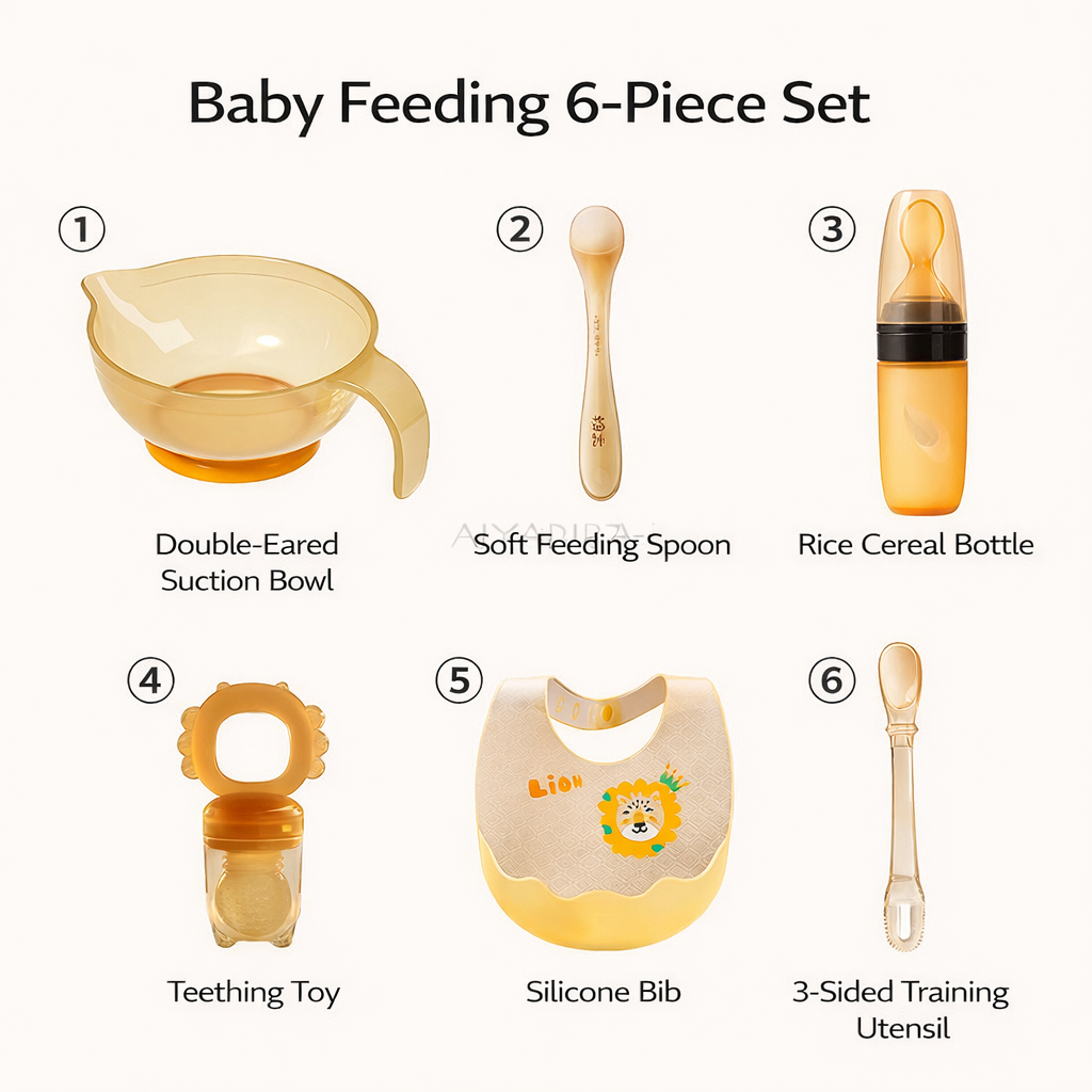 Baby feeding 6-piece set with double-eared suction bowl, soft feeding spoon, rice cereal bottle, teething toy, silicone bib, and 3-sided training utensil on a white background.