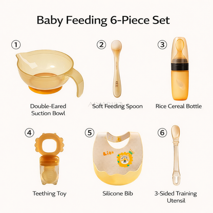Baby feeding 6-piece set with double-eared suction bowl, soft feeding spoon, rice cereal bottle, teething toy, silicone bib, and 3-sided training utensil on a white background.