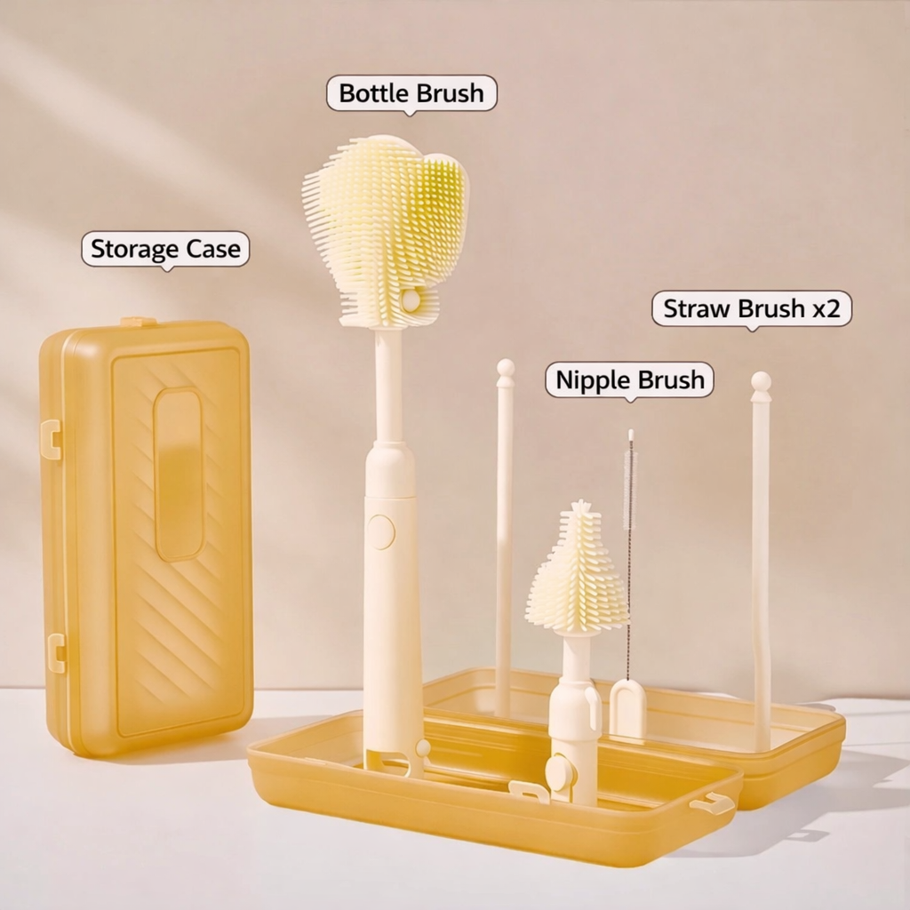 Baby bottle cleaning brush set with storage case on a beige background