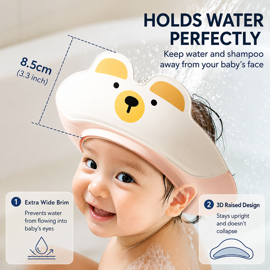 Adjustable baby shampoo shower cap with cute bear design, waterproof bath visor for babies and toddlers, protects eyes and ears during bath time.